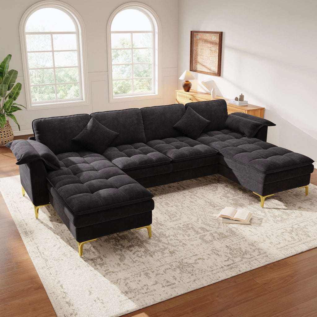 DIVANO A U Modulare 262x134x86 cm Chenille Nero