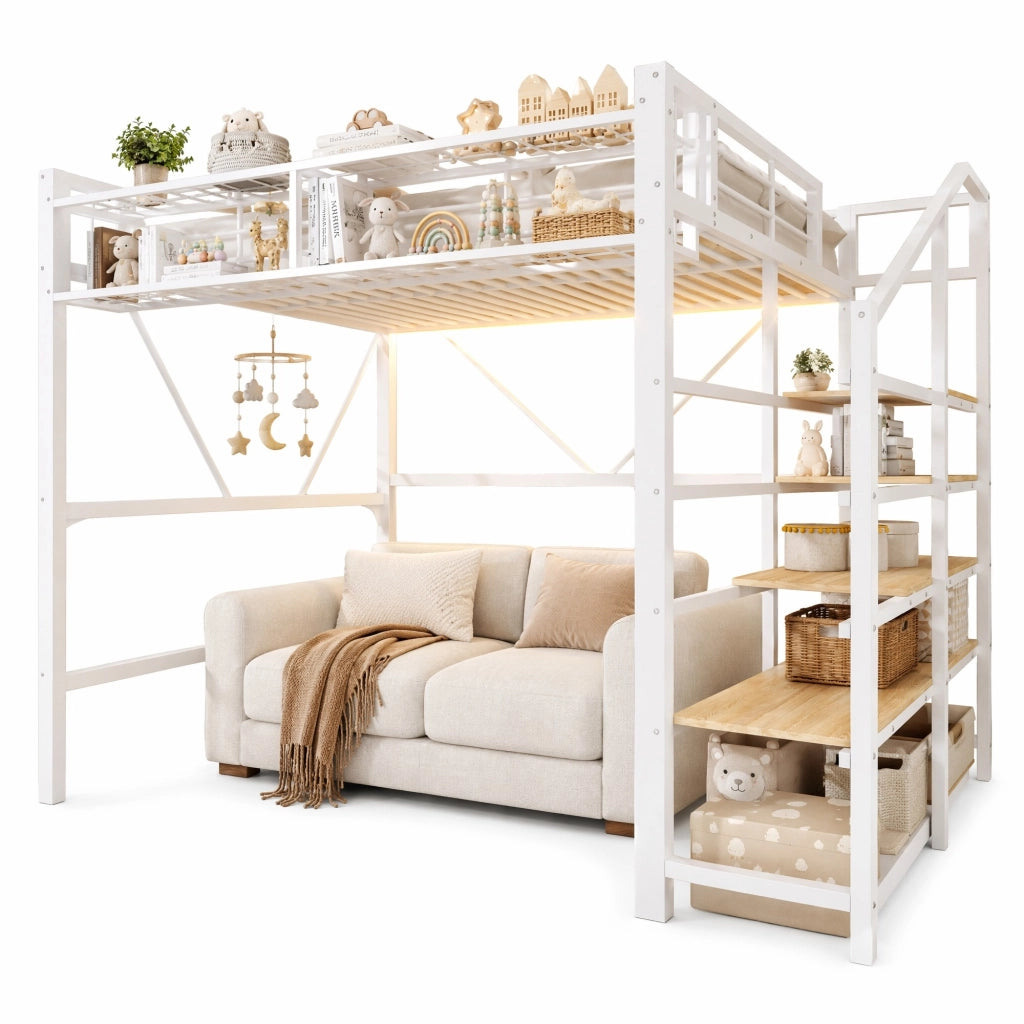 Letto a soppalco 140x200 cm in metallo e MDF con scala a ripiani; LED; bianco