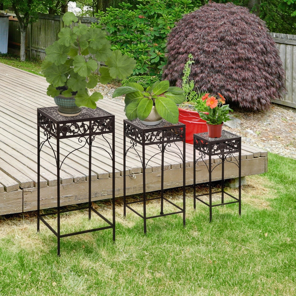 Easycomfort Set di 3 Pezzi Sgabelli Supporto per Piante Classico in Ferro, MARRONE