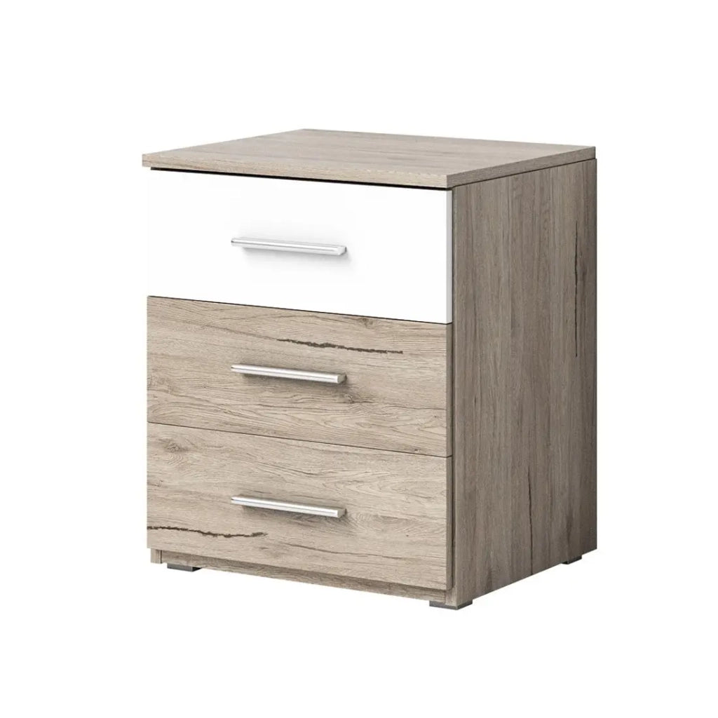 Tavolino da notte EOS – 3 cassetti – Rovere chiaro e bianco – Design moderno