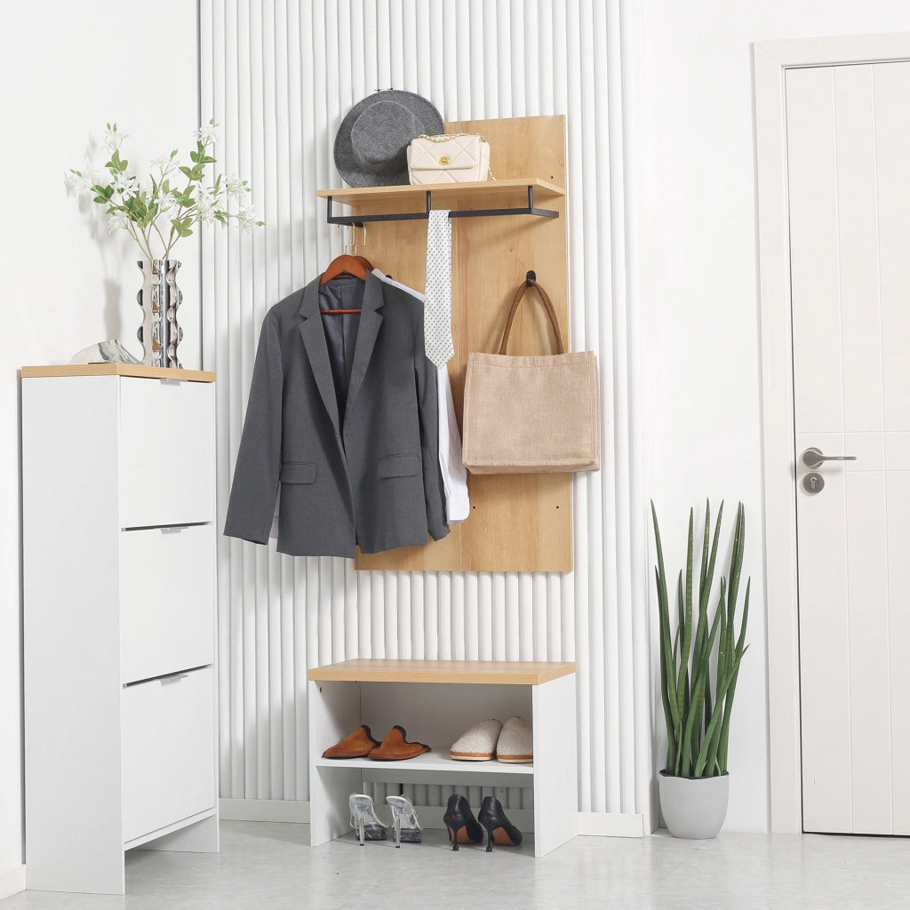 Entryway Organizer with Shoe Bench. Shoe Rack. Hall Tree with 4 Hooks. Coat Rack for Hallway. White and Natural