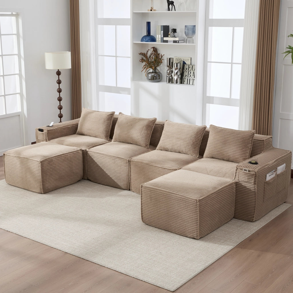 DIVANO modulare 4 posti 330x162x75 cm in corduroy khaki con 2 pouf