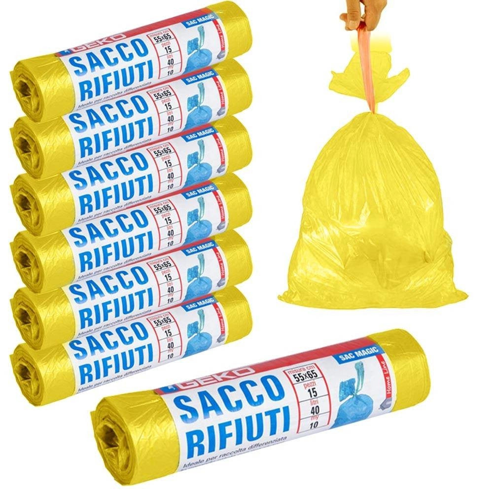 Trade Shop - 7x Rotoli Sacchetti Buste Spazzatura 40lt 55x65cm Chiusura Laccetto Giallo 105pz -