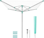 SONGMICS Stendibiancheria a Ombrello, Stendino da Esterno, Altezza Regolabile, Lega di Alluminio, Ancoraggio al Suolo, con Copertura, Clip, Argento e Verde, 50 m di Filo, per 5 Lavaggi LLR301E01V1