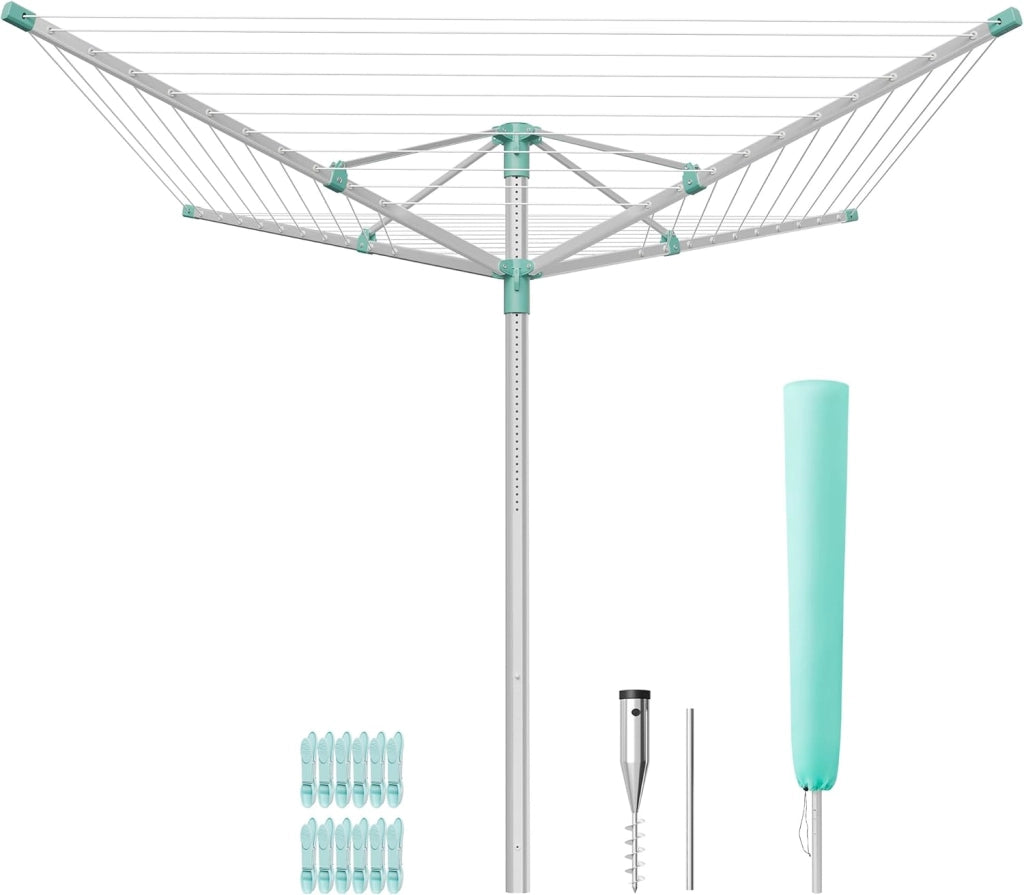 SONGMICS Stendibiancheria a Ombrello, Stendino da Esterno, Altezza Regolabile, Lega di Alluminio, Ancoraggio al Suolo, con Copertura, Clip, Argento e Verde, 50 m di Filo, per 5 Lavaggi LLR301E01V1