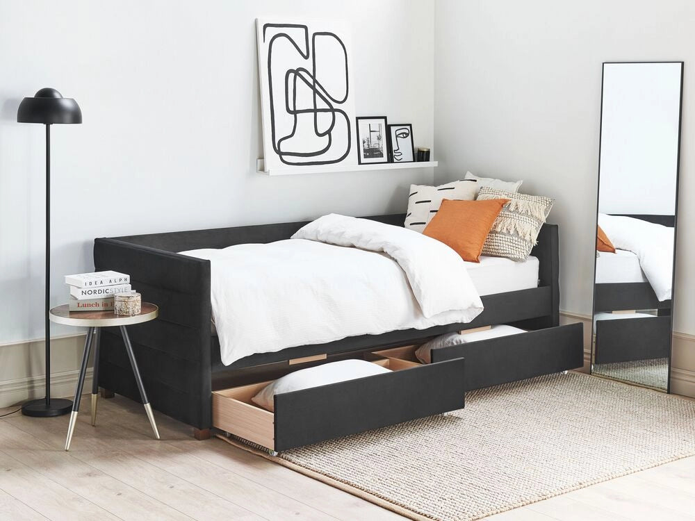 Letto con contenitore con cassetti in velluto nero 90 x 200 cm stanzetta design elegante