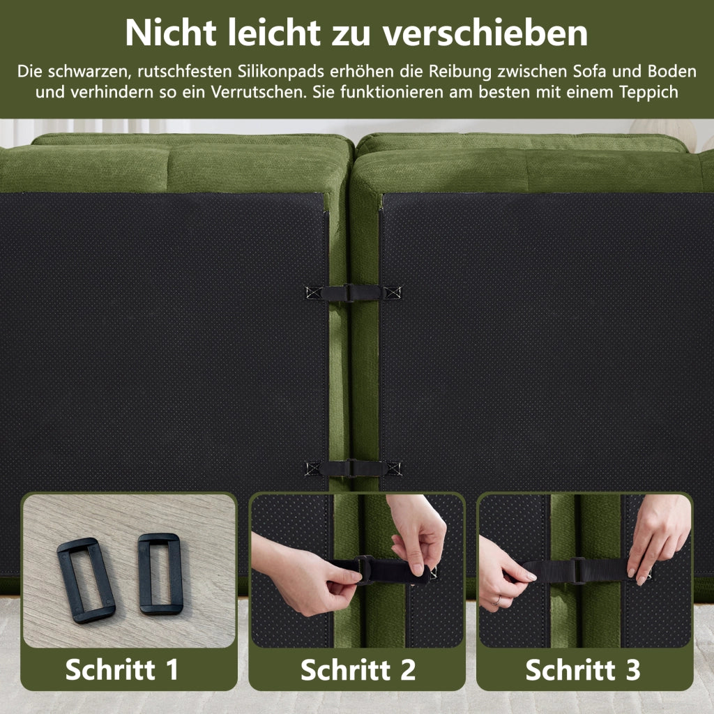 Divano modulare a U senza struttura in chenille con seduta ergonomica e due ottomani verde 264 × 160 × 68 cm