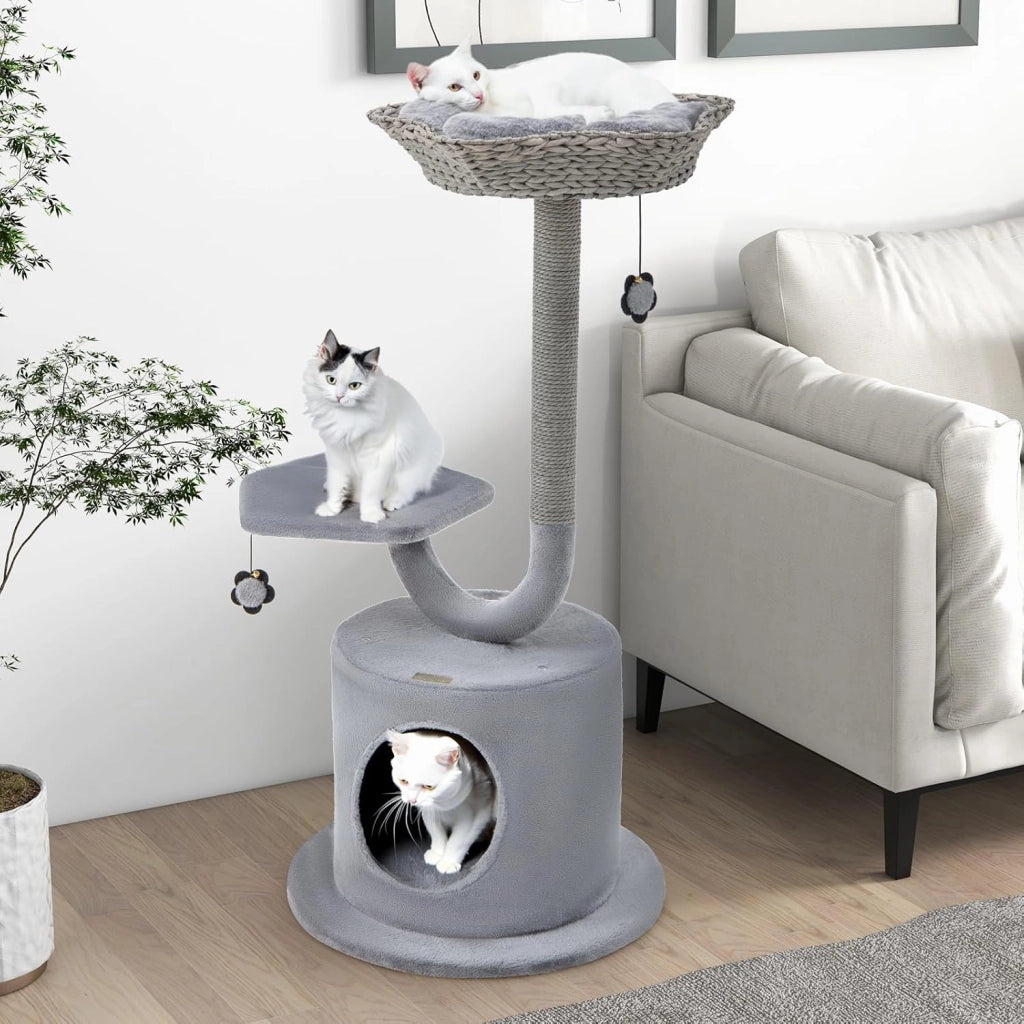 Albero per Gatti da Interno, Albero Tiragraffi per Gatti 106 cm con Telaio Curvo in Metallo, Torre per Gatti Multifunzionale a 3 Livelli con Palline