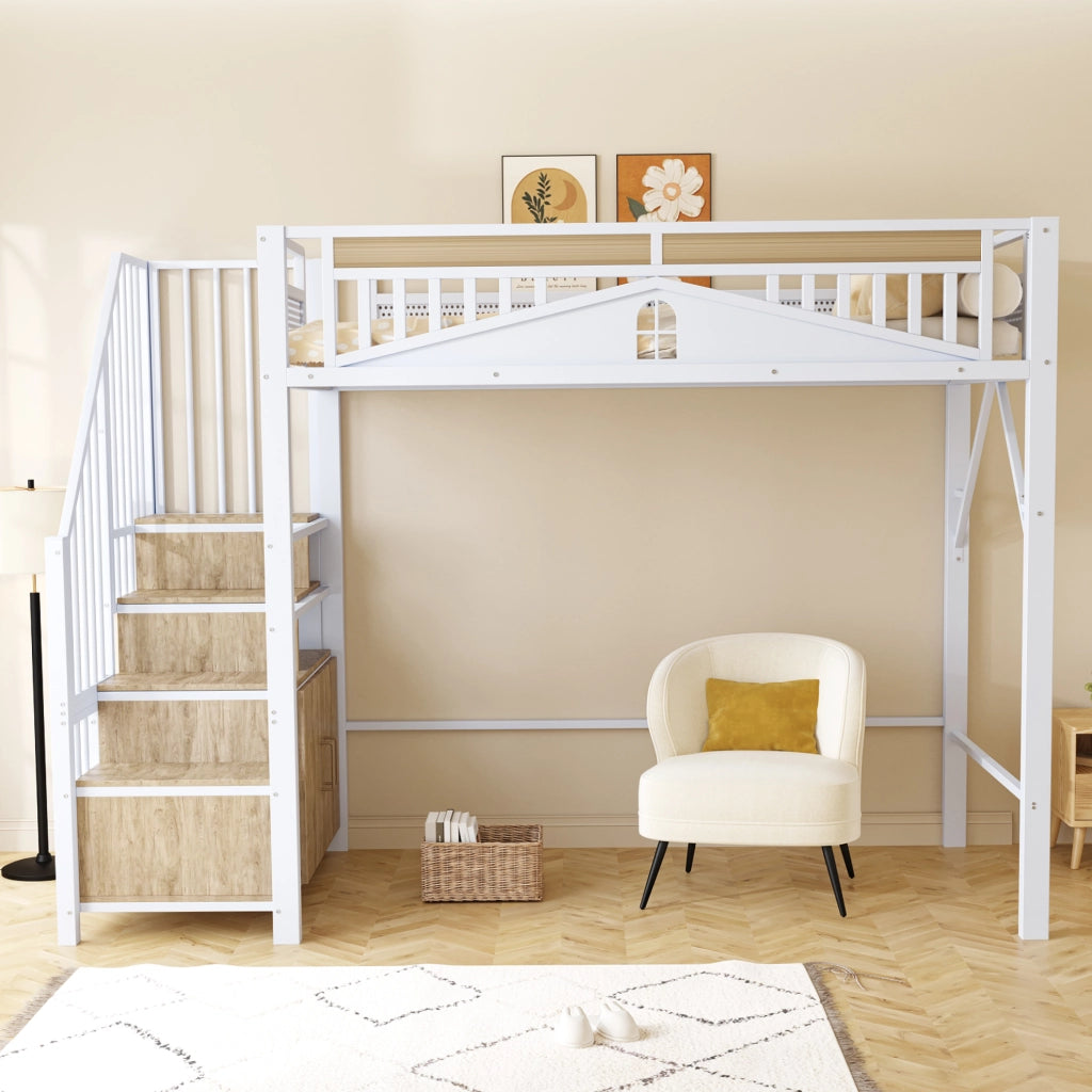 Letto a soppalco 90x200 cm in metallo con scala contenitore e armadietto