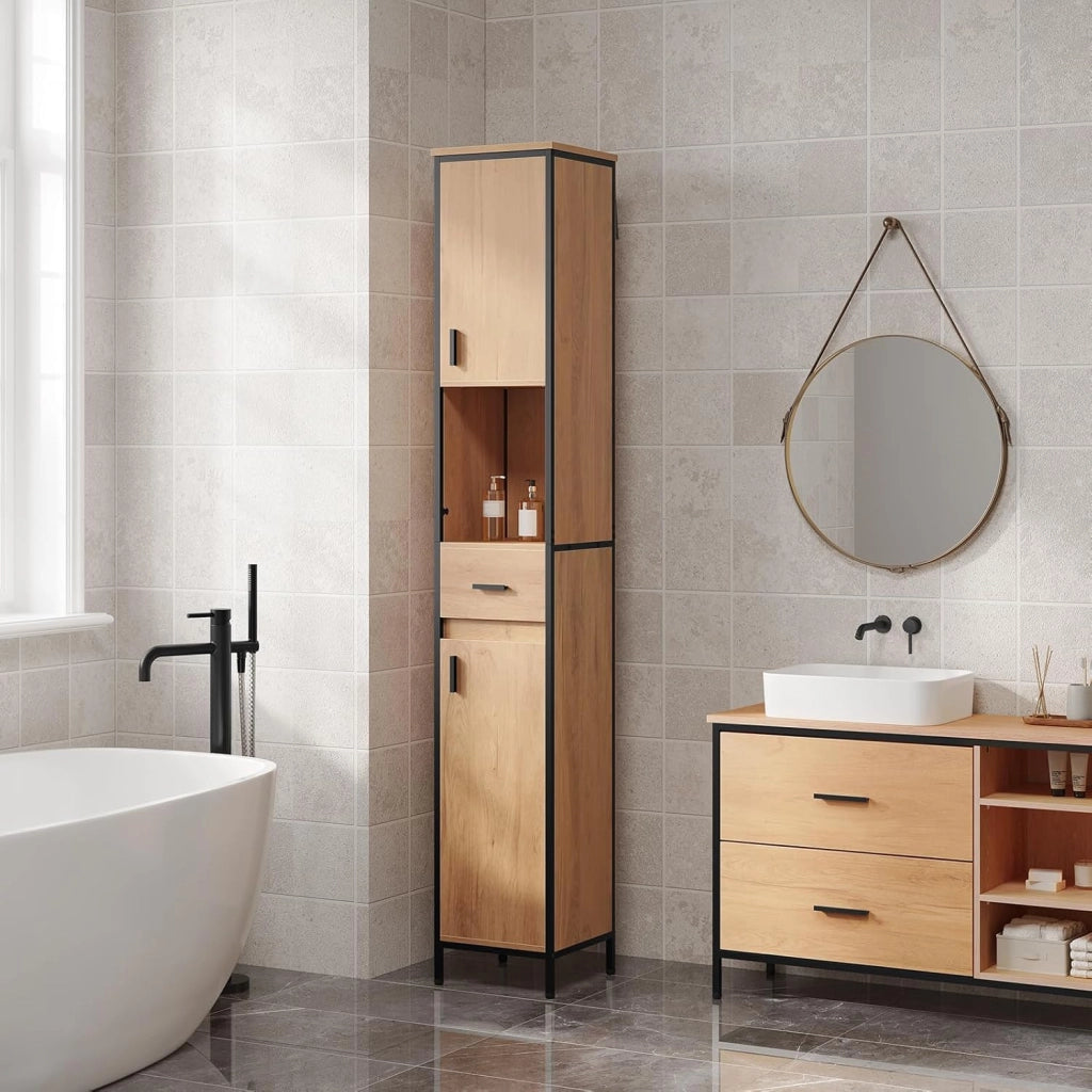 Mobile da Bagno Alto Con 2 Ante e 1 Cassetto, Piedini Regolabili e Ripiani, Per Bagno o Cucina, Stretto 30x30x180 cm, Rovere Chiaro+Nero