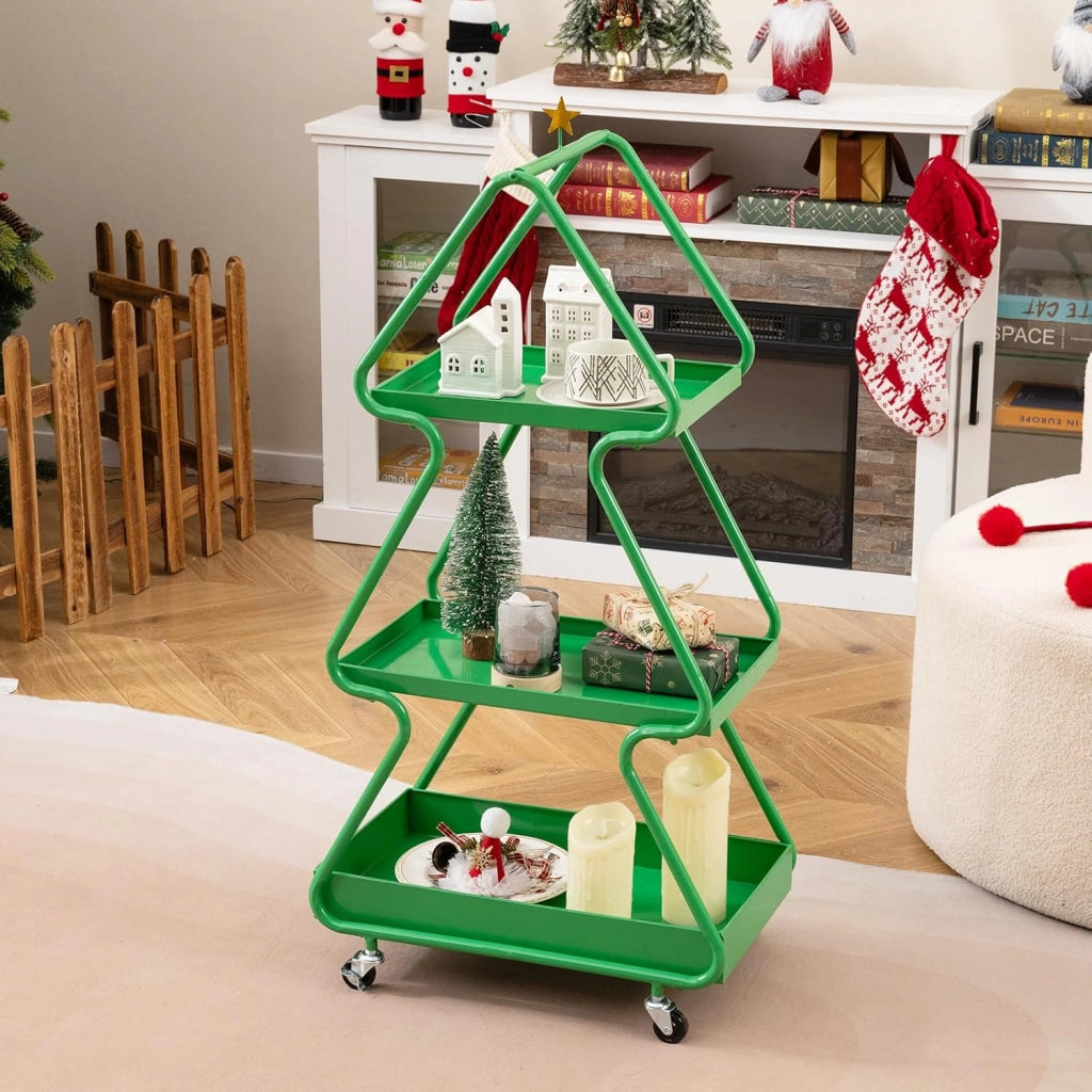 Carrello Natalizio Girevole a 3 Livelli, Carrello Porta Albero di Natale con Stella in Alto, Struttura Metallica con Ruote, per Soggiorno e Camera da Letto