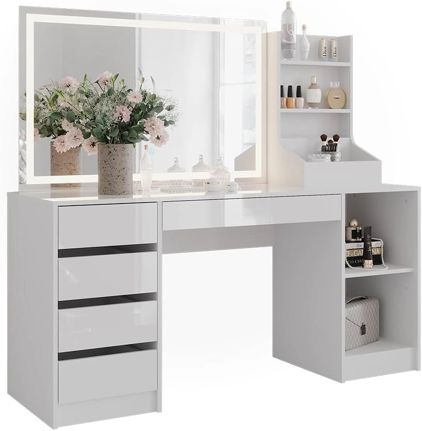 Tavolo da toeletta Sherry, Bianco/bianco lucido, 158.2 cm 3 parti