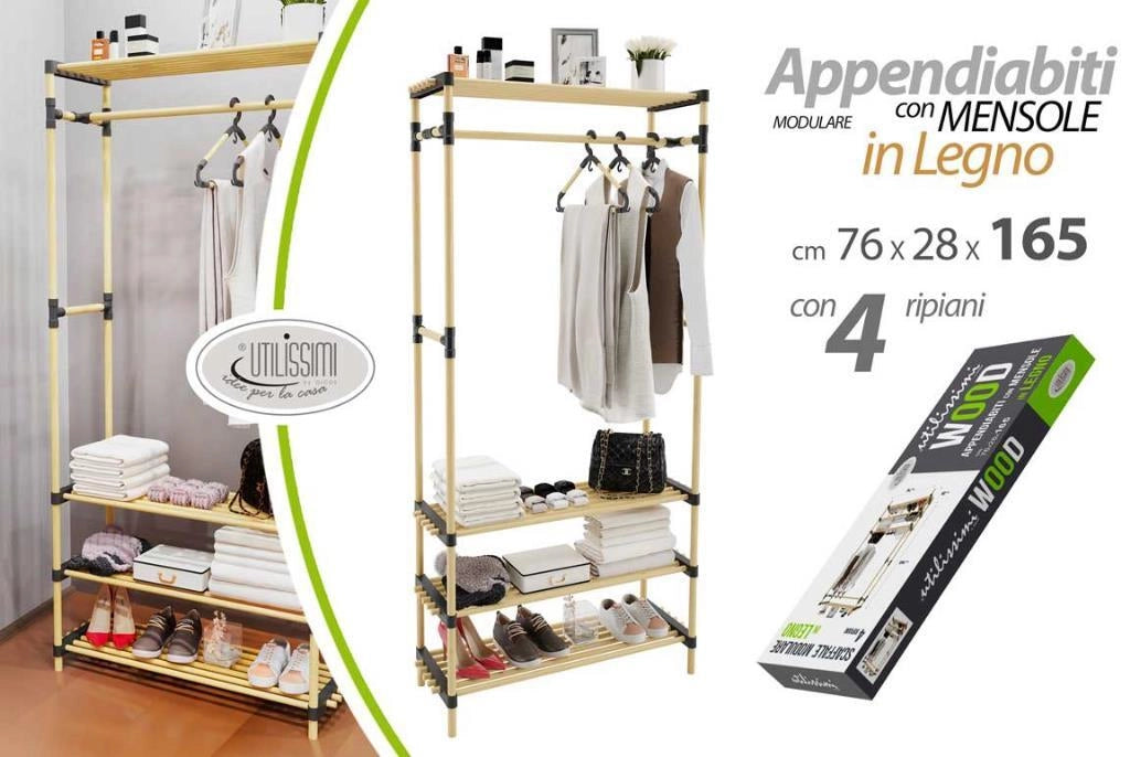 Scaffale in Legno con Stand Appendiabiti 4 Ripiani 165 x 76 x 28 cm