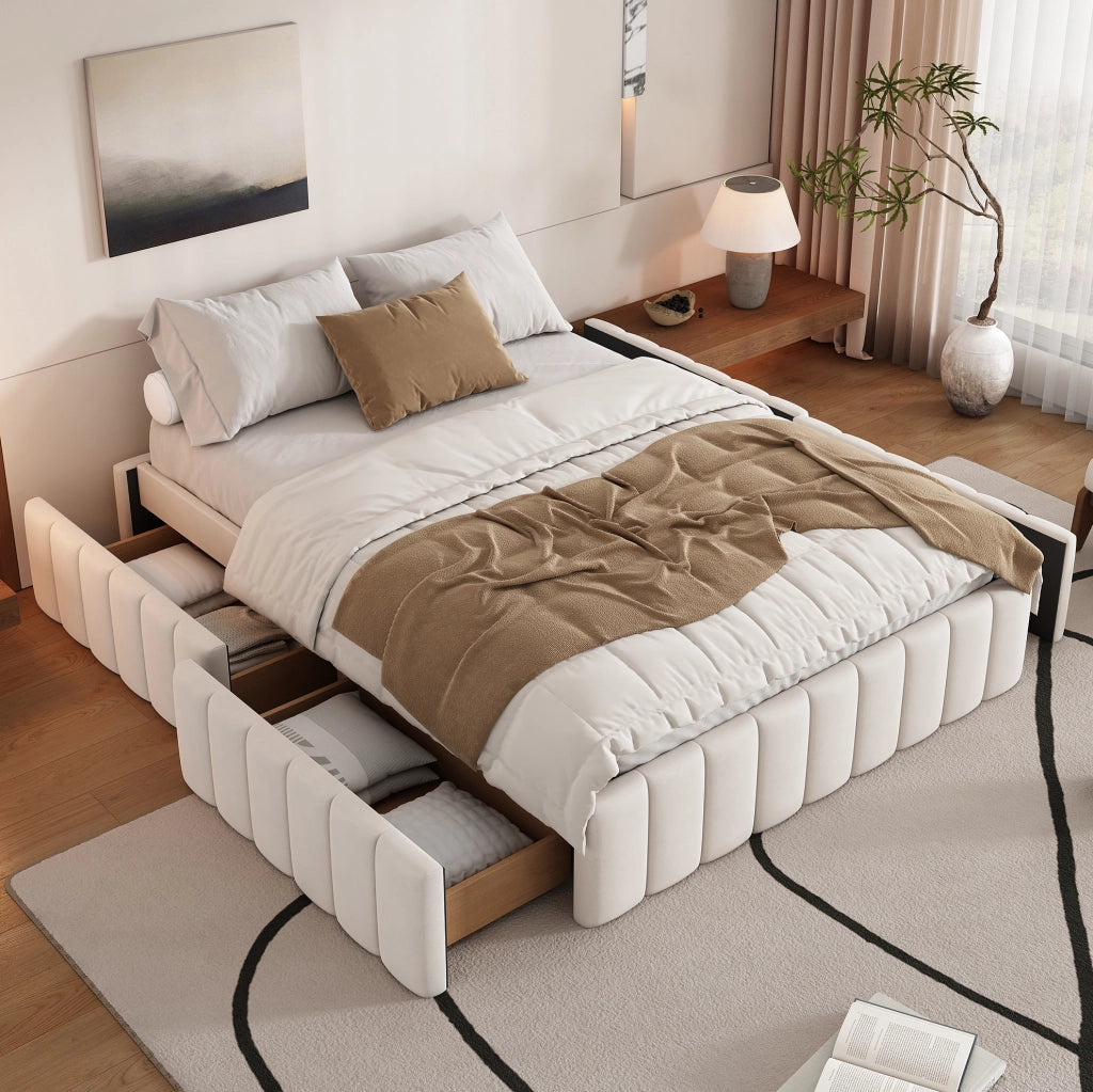 Letto imbottito 140x200 cm con 4 cassetti; senza testiera; velluto beige (Senza materasso)