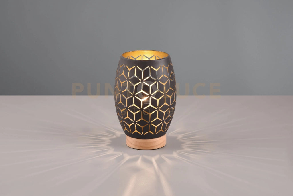 BIDAR LAMPADA DA TAVOLO METALLO NERO E ORO TAGLIO LASER CON INSERTO IN LEGNO H. 21,5CM 1 LUCE ATTACCO E27