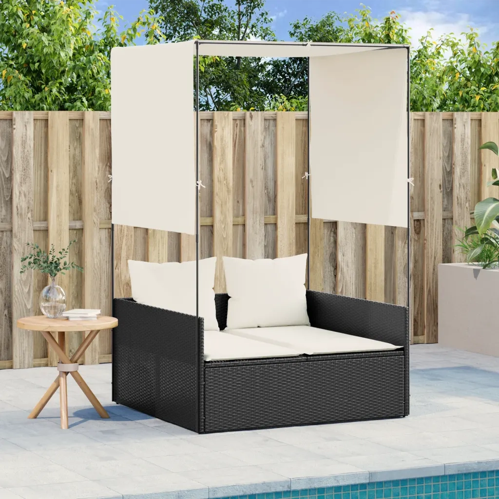 Lettino Prendisole con Tetto e Tende Nero in Polyrattan 4002755