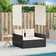 Lettino Prendisole con Tetto e Tende Nero in Polyrattan 4002755