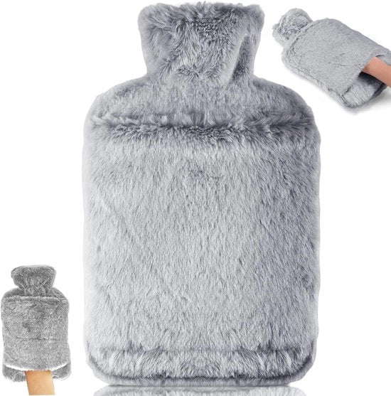 Kruik per acqua calda con coperchio morbido - Kruik per acqua calda - Contenitore di 2L grande con tasca - Materiale naturale di gomma - Cuscino morbido per letto - Regalo per uomini e donne - Grigio