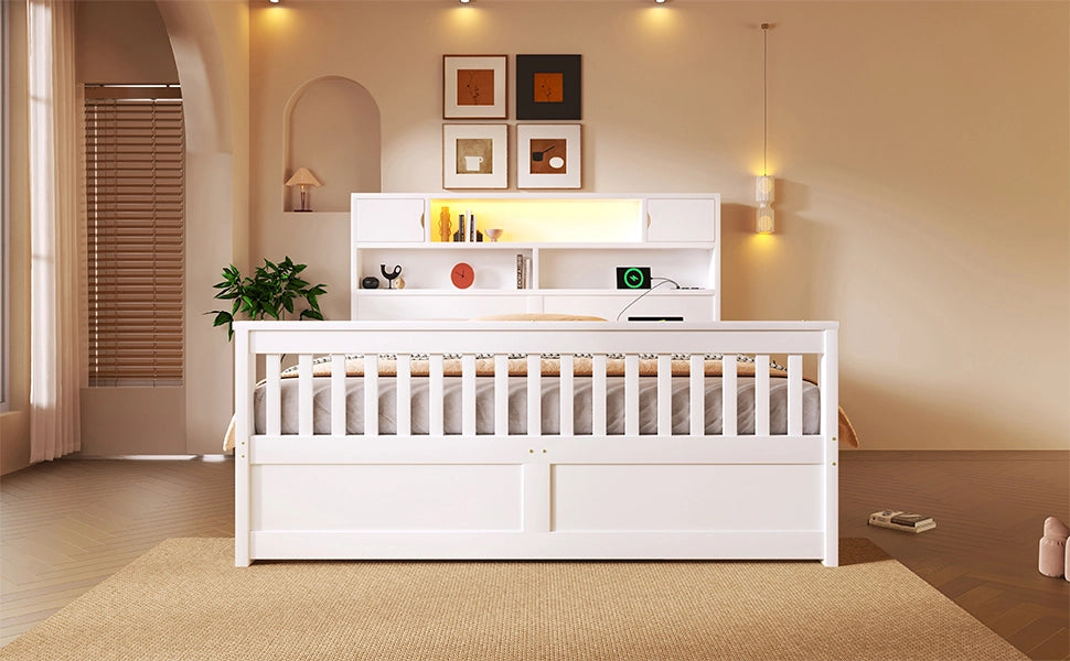 Letto contenitore 160 × 200 cm con 4 cassetti, scaffali e LED, senza materasso, in MDF e compensato, bianco