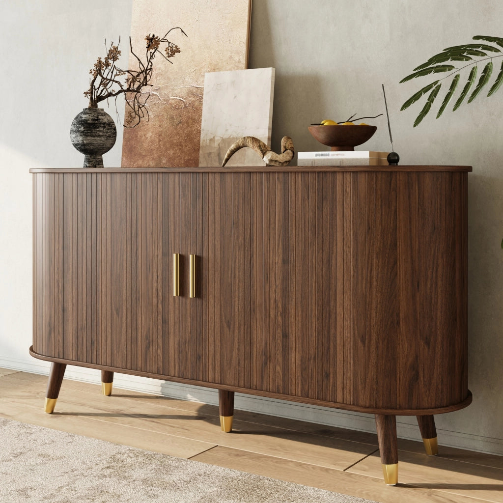 Credenza con venatura verticale, doppio cassetto e ripiani aperti in MDF effetto noce, 140 × 40 × 79,5 cm