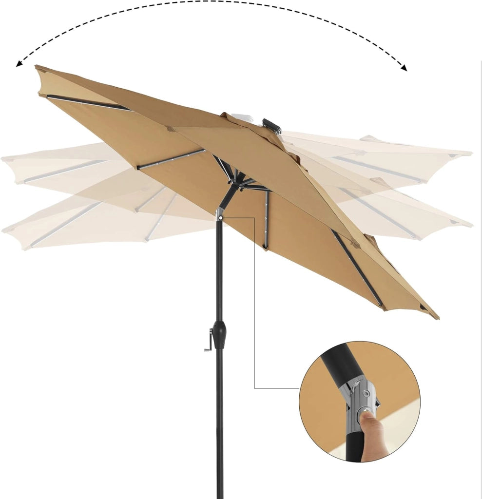 SONGMICS Ombrellone da Giardino 300 cm con 32 Luci a LED a Energia Solare, UPF 50+, Inclinazione Bidirezionale a 30°, Esterno Terrazzo Piscina Balcone, Senza Base, Tortora GPU33BR