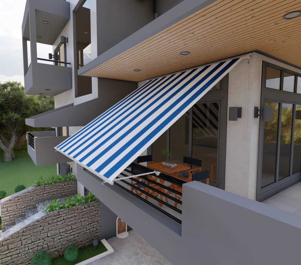 Tenda da sole a caduta con bracci 250cm telo impermeabile bianco blu Golisa