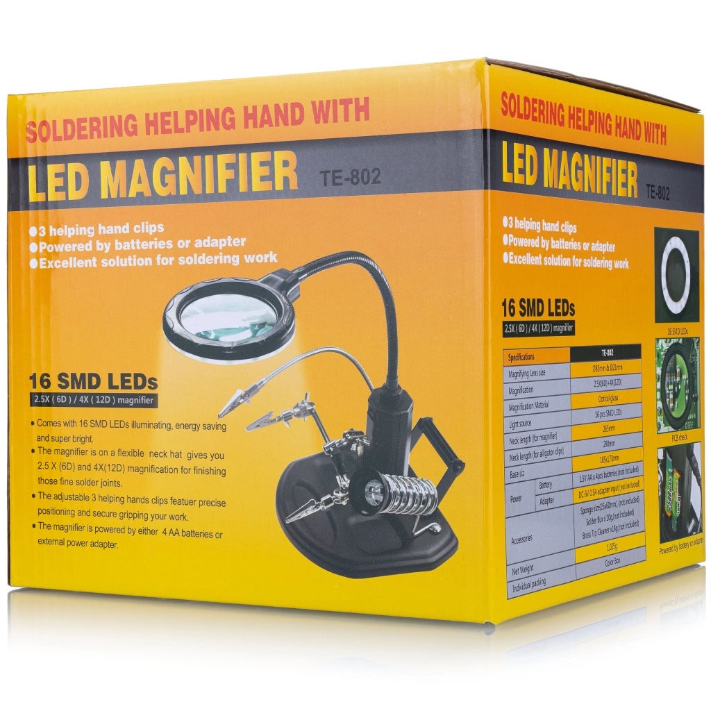 Terza Mano con Lente d'Ingrandimento LED TE-802 – Base Stabile, Braccio Flessibile | Ø85 mm, 2.5x + 4x
