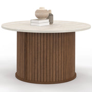 IDMarket - Tavolino rotondo JULIETTE da 70 cm con doghe effetto noce e piano in travertino