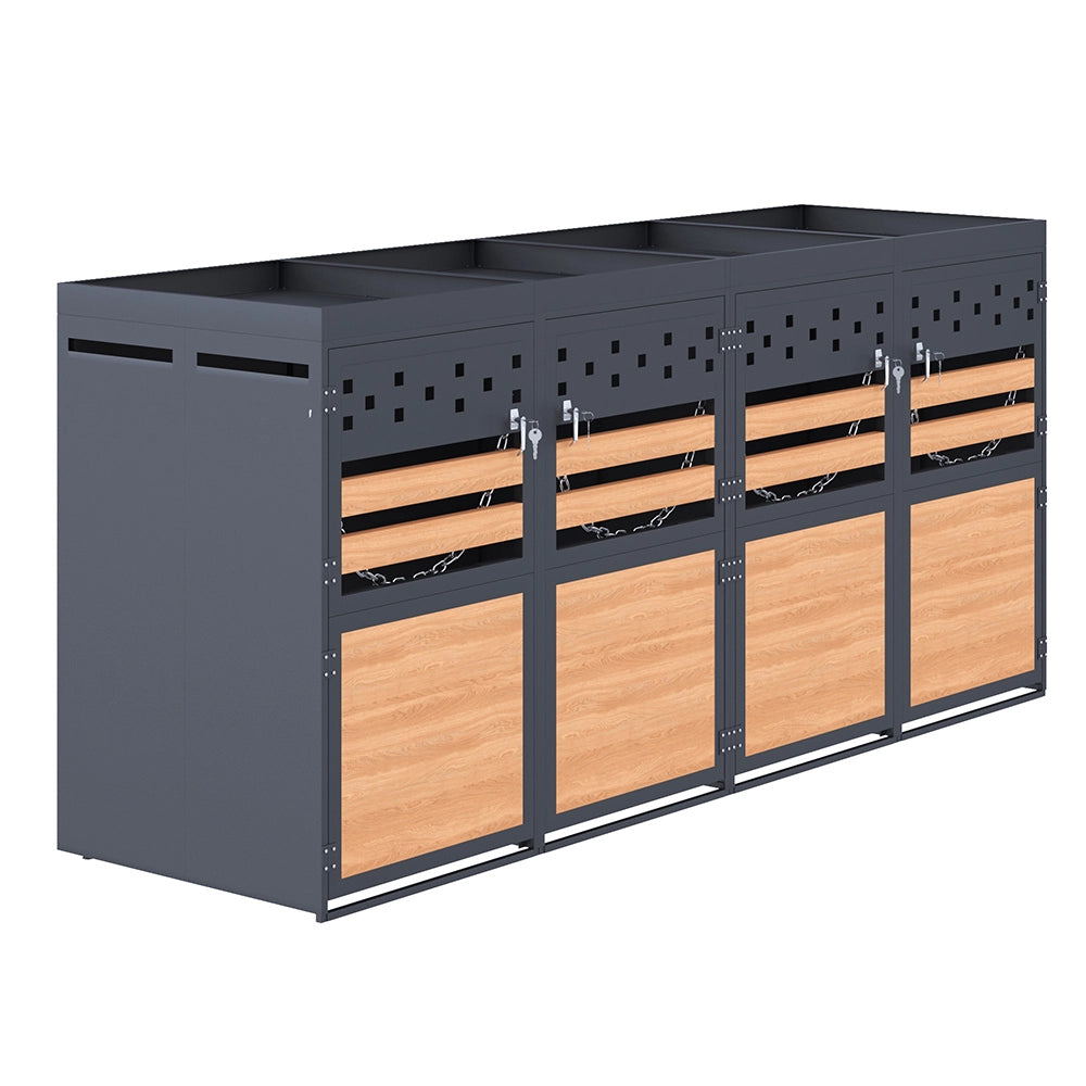 Box per rifiuti 4 posti con tetto vegetale - Xylo - 120-240 litri - Colore antracite - Porta in legno, estensibile
