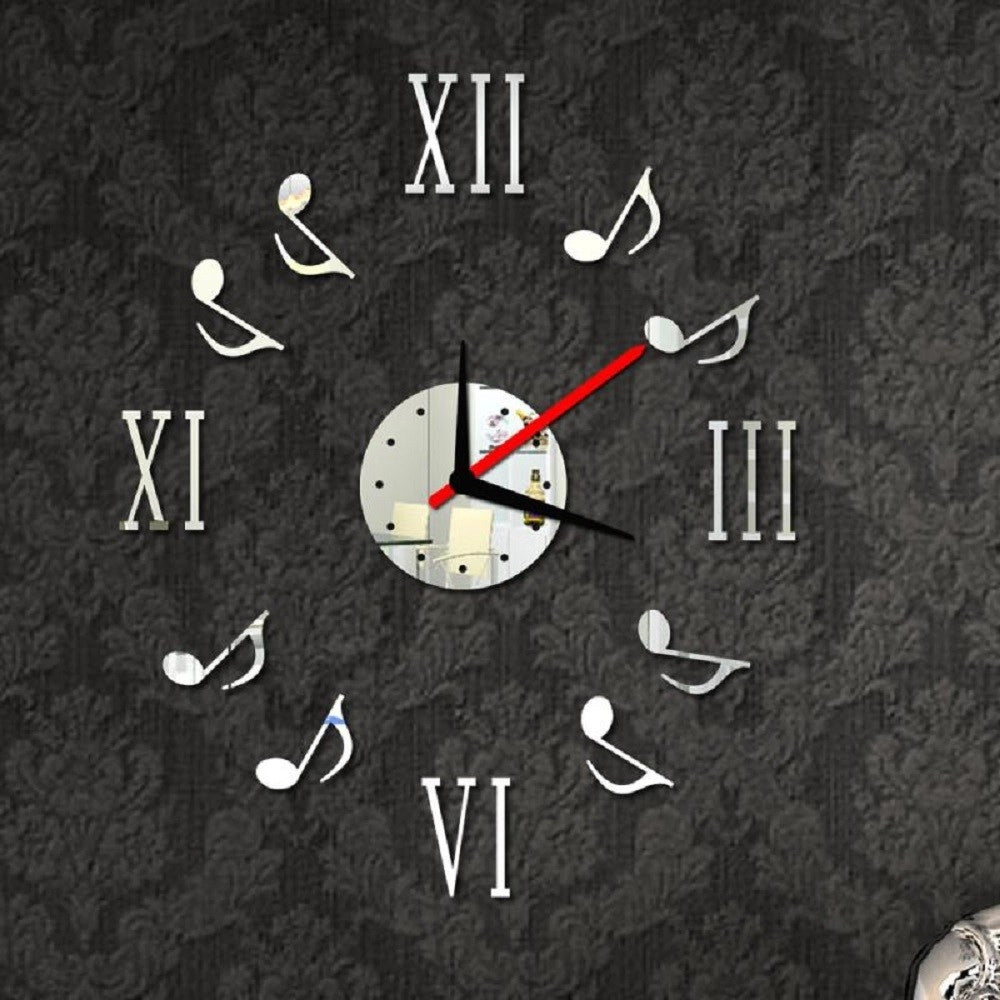 Trade Shop - Orologio Da Parete Moderno Adesivo Muro 3d Numeri Romani Note Musicali Specchio -