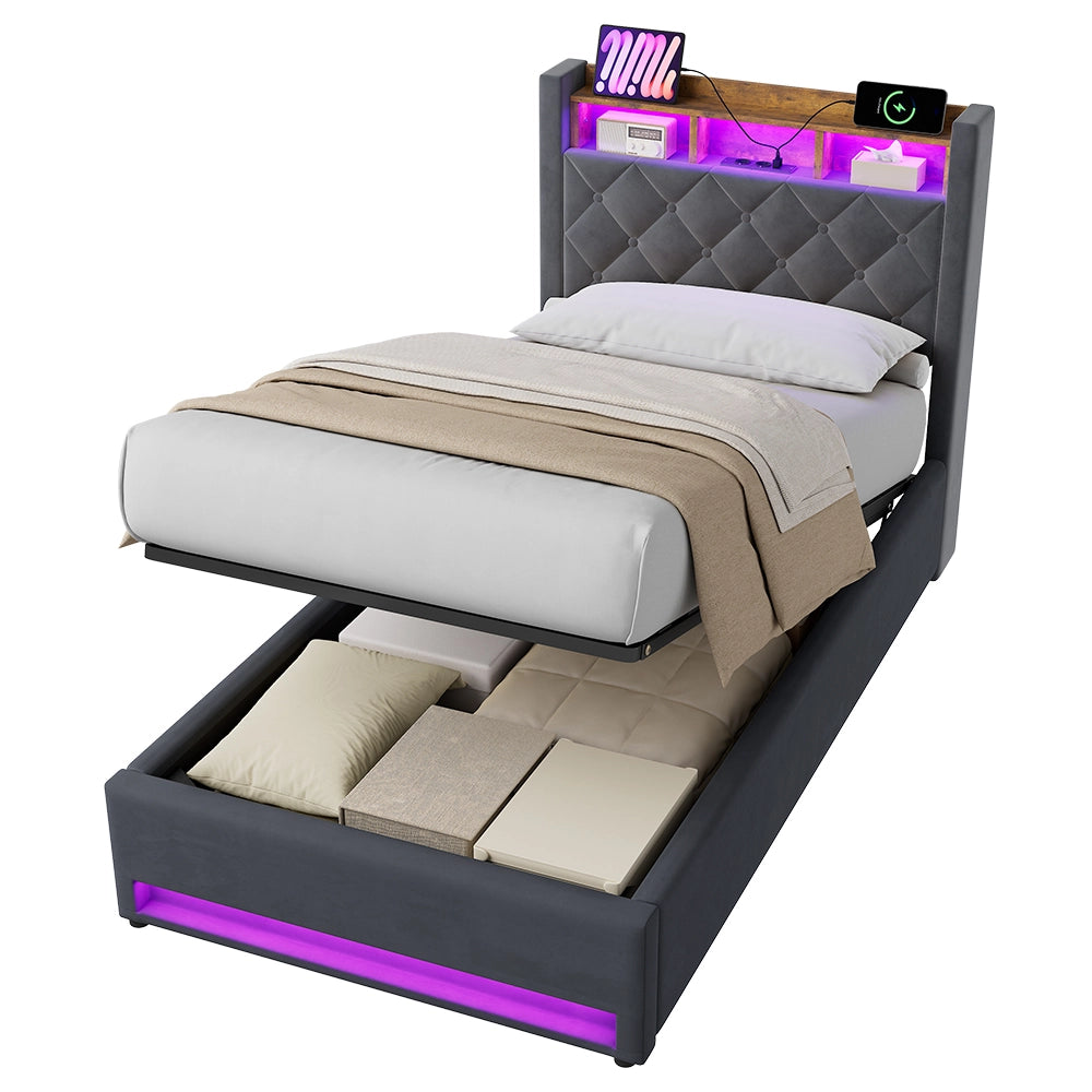 LETTO Imbottito 90 x 200 cm in Velluto Grigio con LED, USB e Contenitore