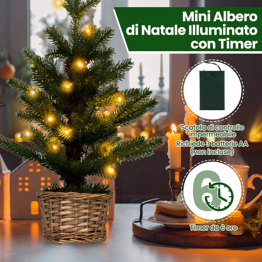 Mini Albero di Natale Artificiale Pre-illuminato, Albero di Natale Piccolo da Tavolo con 96 Rametti, 20 Luci LED Bianche Calde, Timer, Vaso in Legno di Salice
