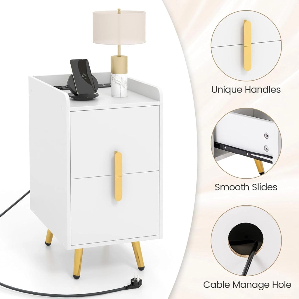 Comodino con stazione di ricarica, comodino con 2 porte USB e 3 prese, tavolino con 2 cassetti, comodino con gambe in metallo, 32 x 40 x 60 cm