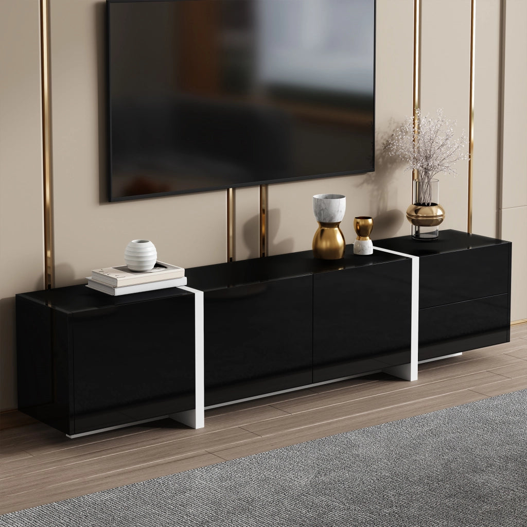 Mobile TV con 3 Ante; 1 Cassetto e 1 Anta a Ribalta con LED; Frontali Lucidi; in Truciolare; 170??30??39 cm; Nero Bianco