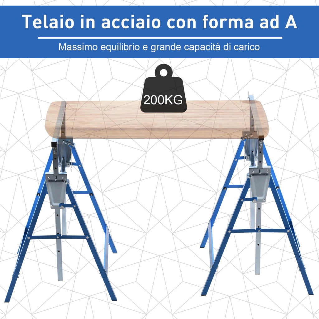 EasyComfort Set 2 Cavalletti da Lavoro Pieghevoli Portata 200 kg, Altezza Regolabili 80-130 cm, Cavalletti Telescopici Salvaspazio in Acciaio per Fai da Te, Garage e Giardino, Blu