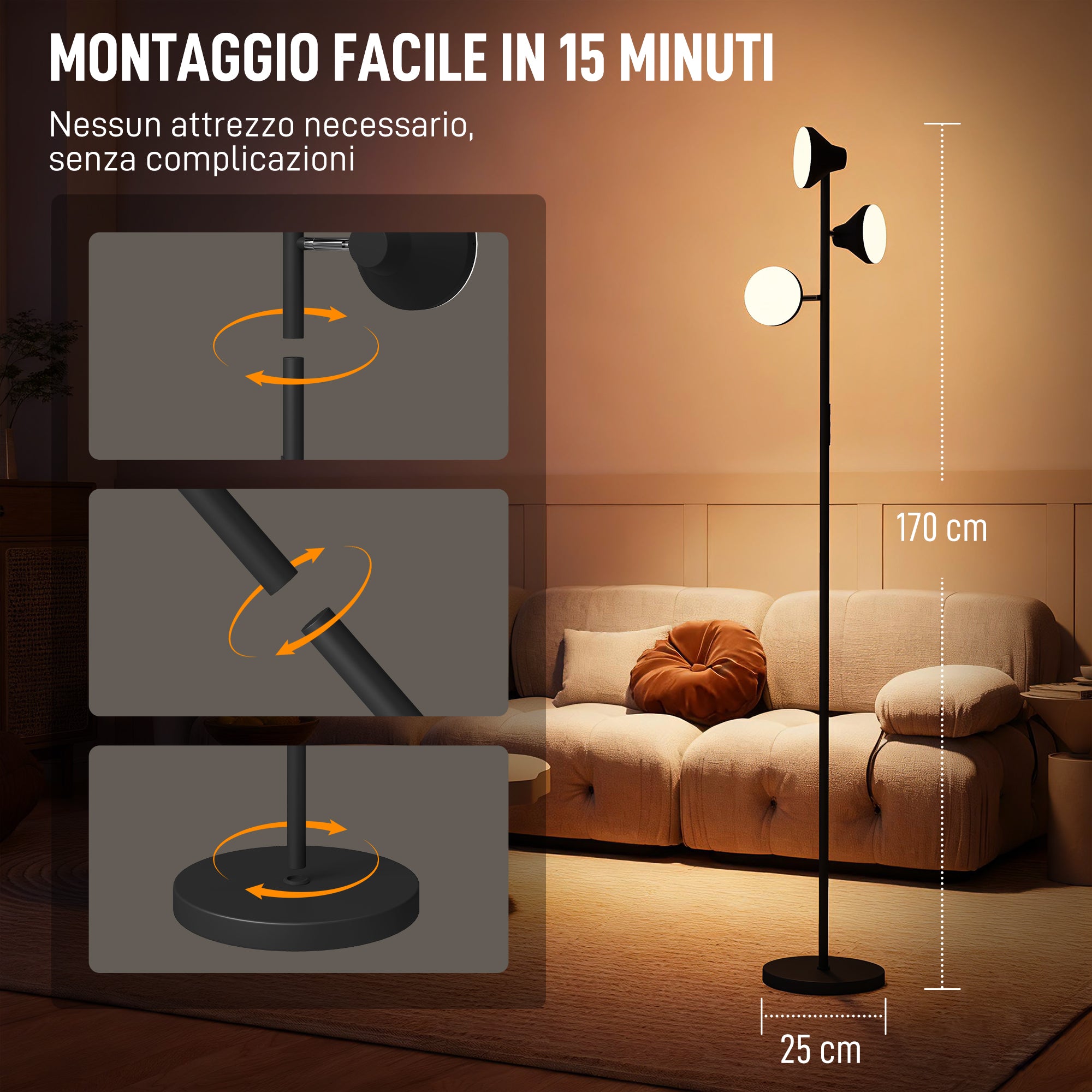Lampada da Terra con 3 Teste Regolabili Indipendenti Ø25x170 cm Telecomando e Timer in Acciaio e Plastica Nero