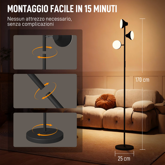 Lampada da Terra con 3 Teste Regolabili Indipendenti Ø25x170 cm Telecomando e Timer in Acciaio e Plastica Nero