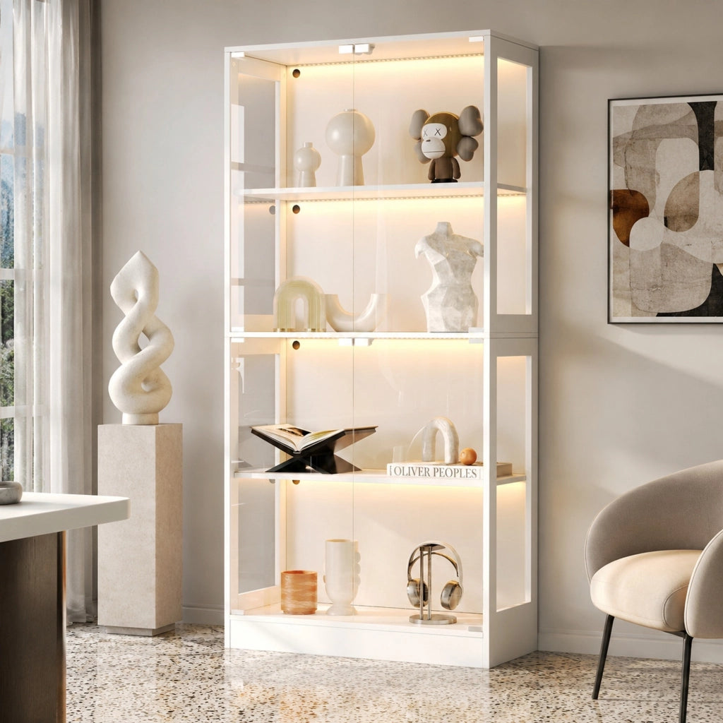 Vetrina LED 80 x 35 x 170 cm in MDF e vetro temperato; 4 ripiani; app; bianca