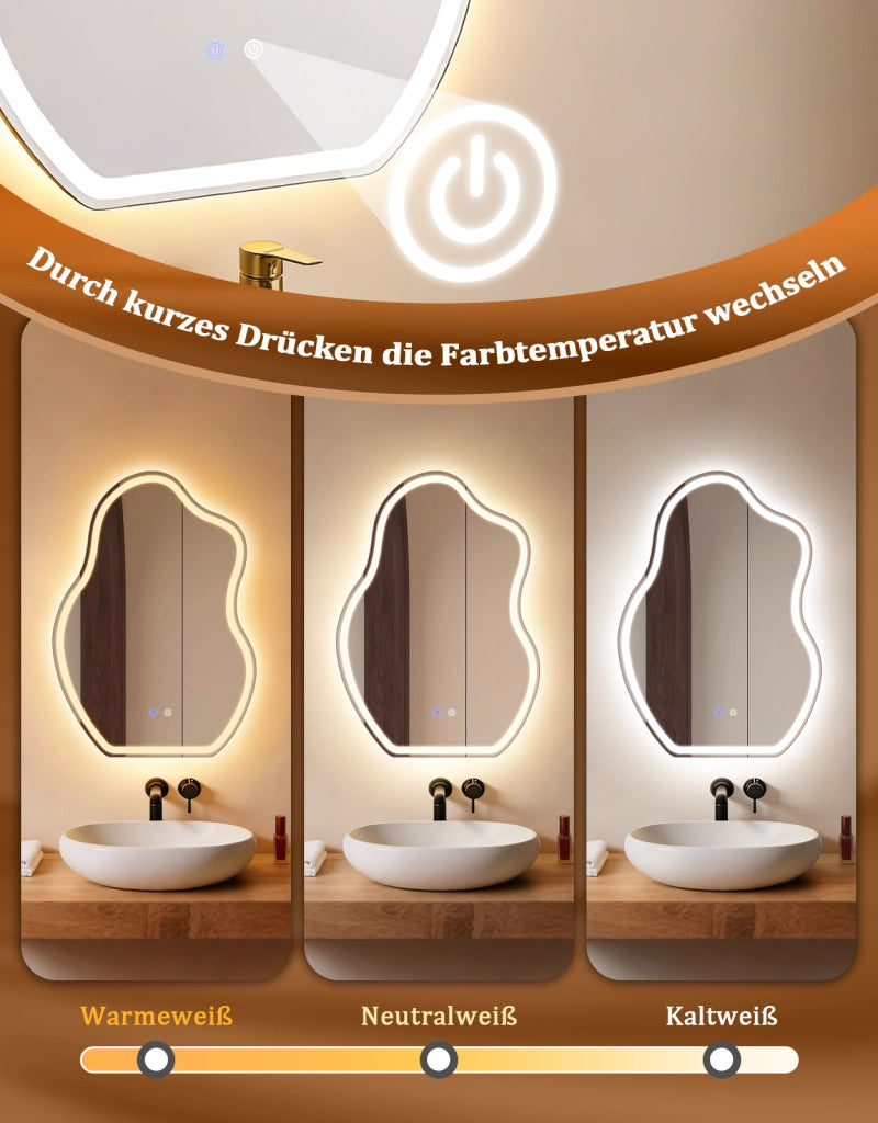 ZMH Specchio da bagno LED asimmetrico 50x70 cm IP44 interruttore touch antiappannante dimmerabile 3000K-6500K parete