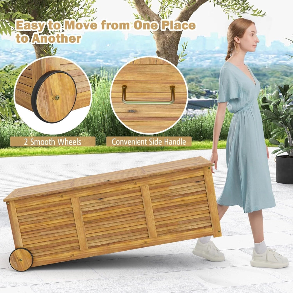 Contenitore per cuscini in legno di acacia, 182 l, con ruote, con tasca interna, cassapanca da giardino con manico, 127 x 50 x 45 cm
