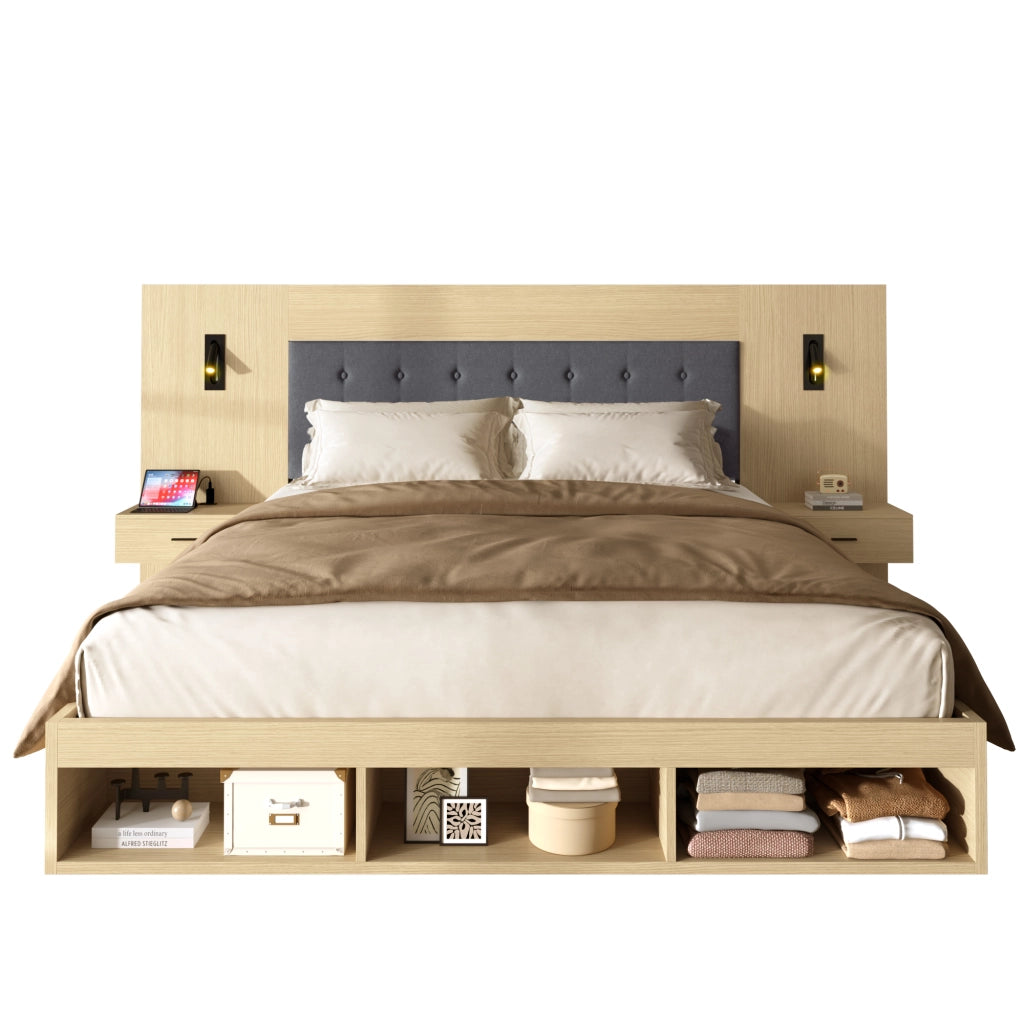 DESMIU Letto contenitore 180 × 200 cm 2 posti con USB, Type-C, luci da lettura e 2 comodini, senza materasso, rovere chiaro