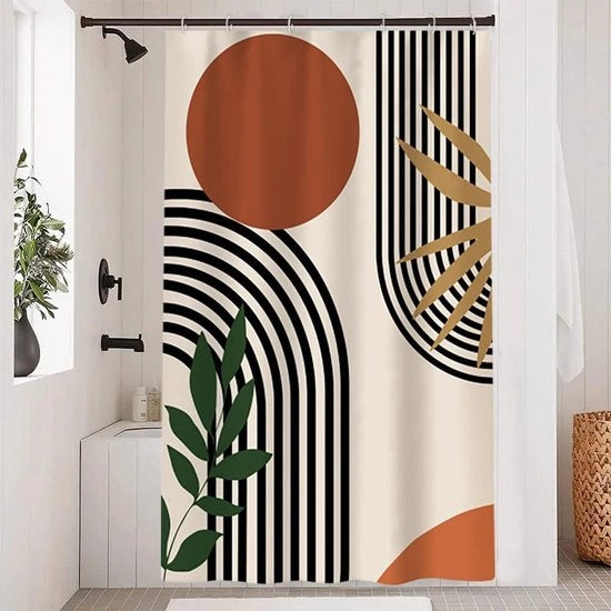 Douchegordino in Terracotta, Dimensione 120x200cm, Stile Boho, Disegno Orangeno con Foglie Verdi, Douchegordino Anti-muffa, Tela Polyester, Lava in Lavatrice, 8 Ganci per Bagno