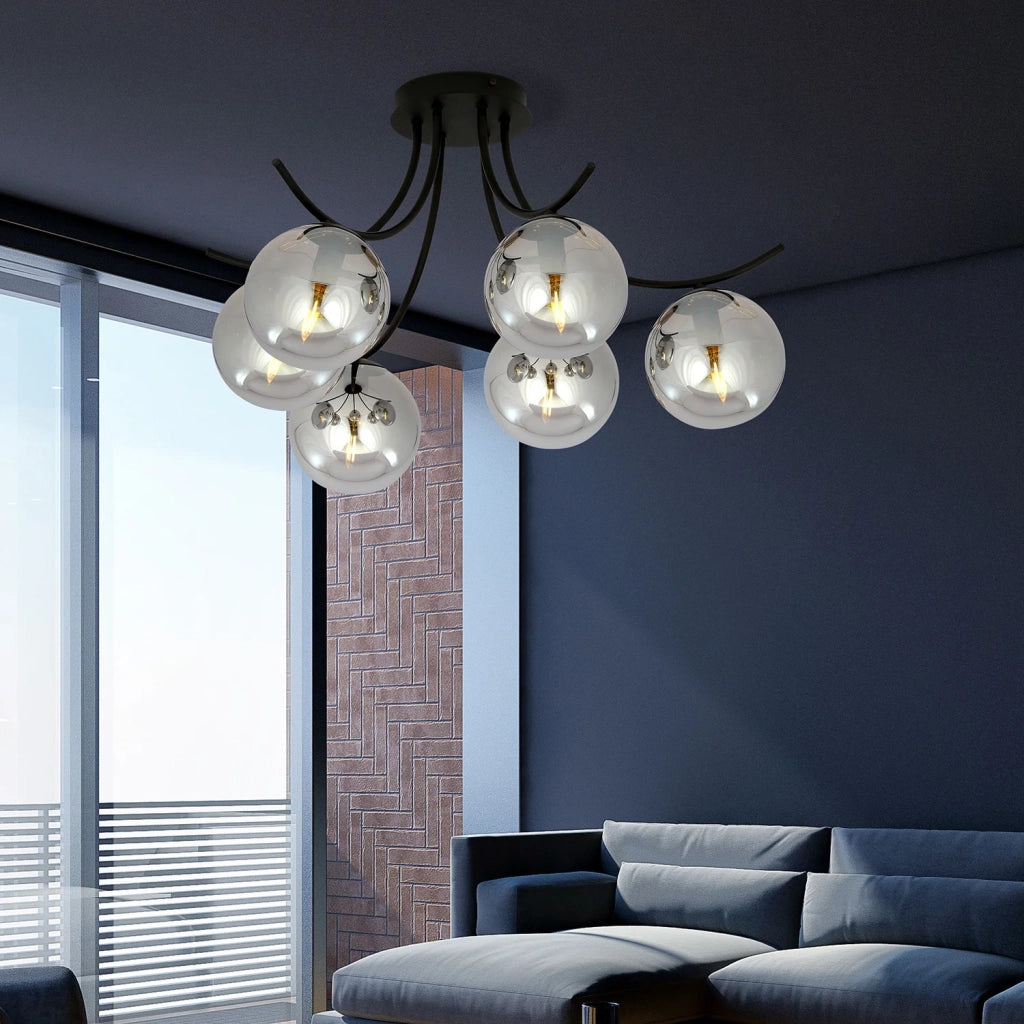 Plafoniera Moderna 6 Luci Coeo In Acciaio Nero E Diffusori In Vetro Fumè