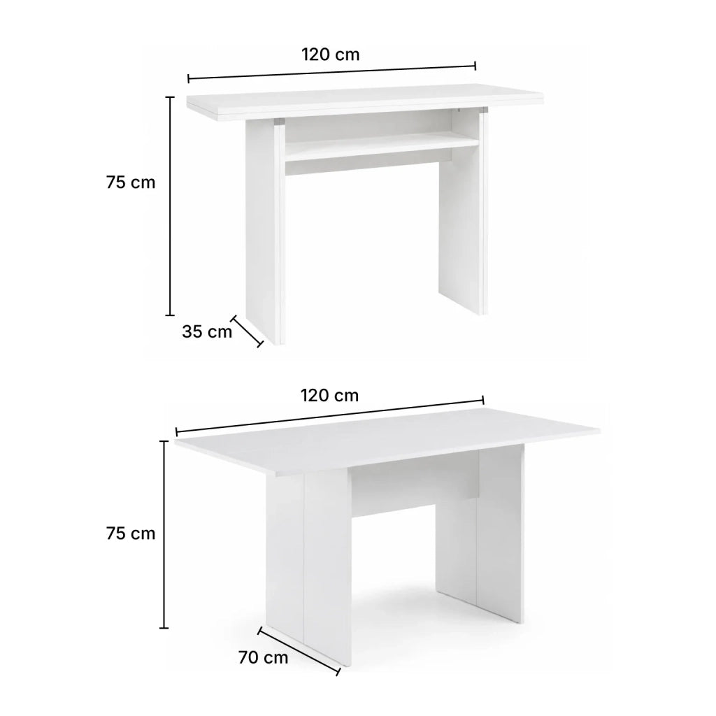Consolle Allungabile Bianca Salvaspazio | Tavolo Trasformabile a Ribalta con Ripiano Portaoggetti | Tavolo Pieghevole per Cucina, Soggiorno, Ingresso e Sala da Pranzo 120x35/70x76 cm