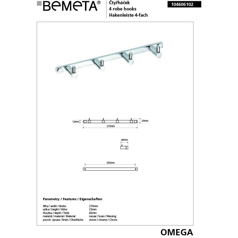 Appendiabiti quadruplo OMEGA ottone cromato 27x2,5x4cm