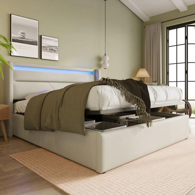 Letto imbottito contenitore 140x200 cm in PU bianco con LED