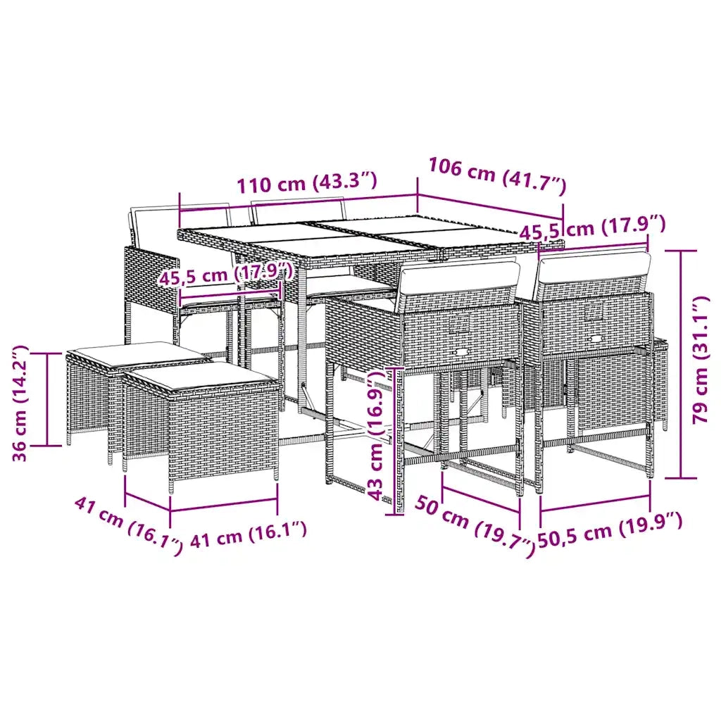 Set da Pranzo da Giardino 9 pz con Cuscini in Polyrattan Grigio 3211316