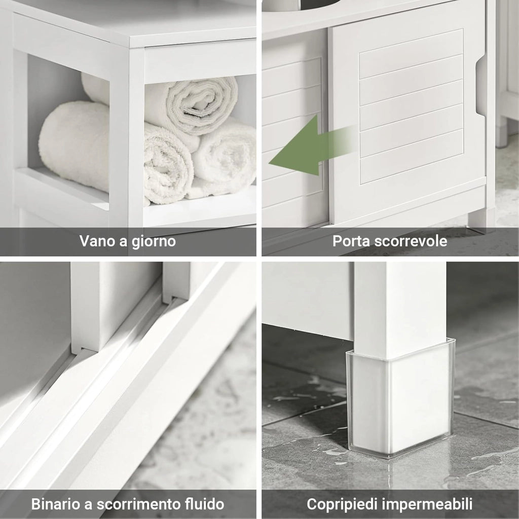 Mobiletto Bagno Salvaspazio - Armadio Salvaspazio 2 Ante Scorrevoli e Ripiano Aperto - Mobile Sottolavabo per Bagno Moderno Piccolo – Bianco, 60x30x60cm, FRG128-II-W