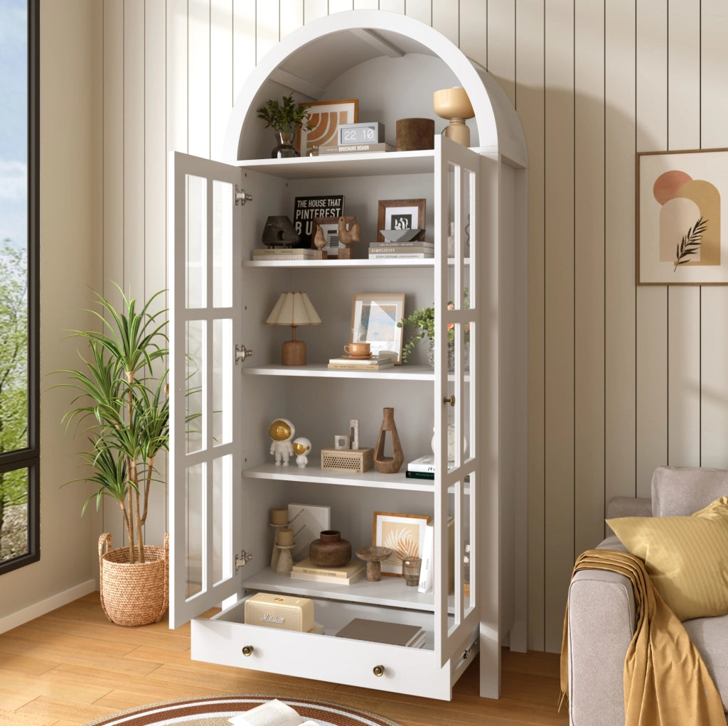 Armadio alto moderno ad arco con ripiani regolabili e cassetto, mobile multifunzionale in MDF con ante in acrilico trasparente 75x35x170,5 cm