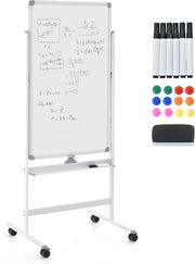 Lavagna bianca mobile double face, 60 x 100 cm, lavagna magnetica su gambe regolabile in 2 altezza, cancellabile a secco, pennarelli neri, cancellatore, magneti (bianco, 60 x 100 cm)